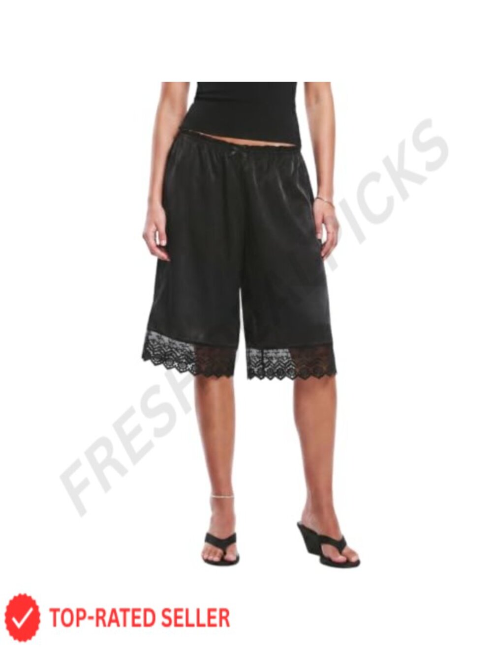 Satin Lace Patchwork Knee Length Lounge Shorts Elastic Waist Bow Detail